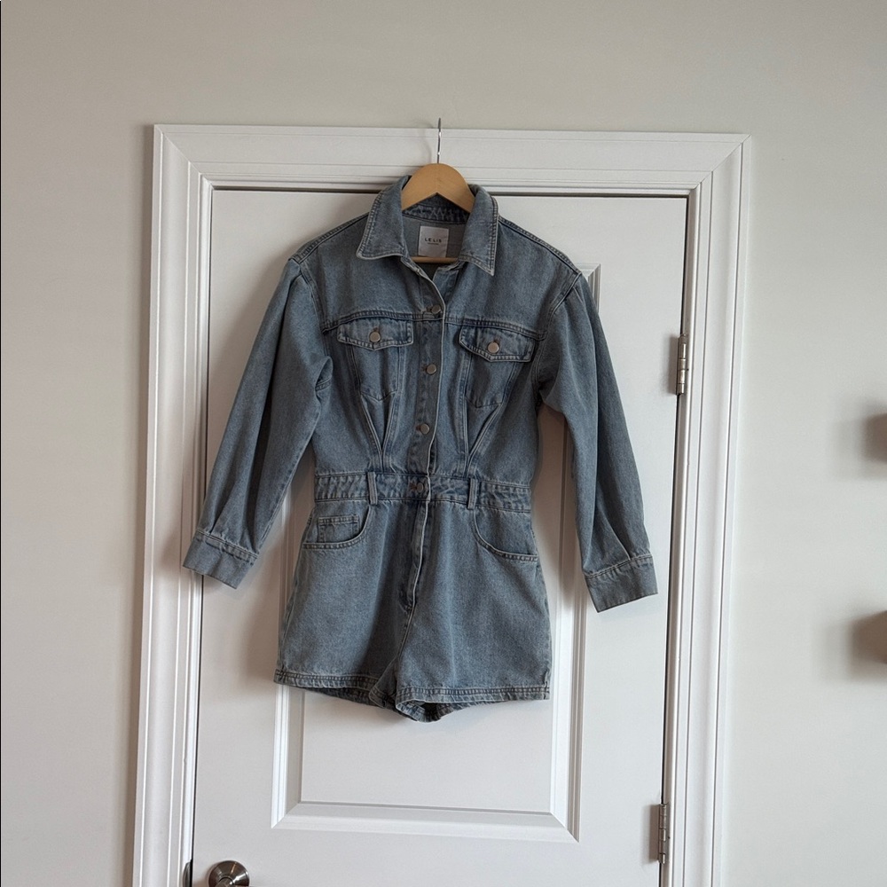 Le Lis Light Blue Denim Romper Shorts with Long Sleeves